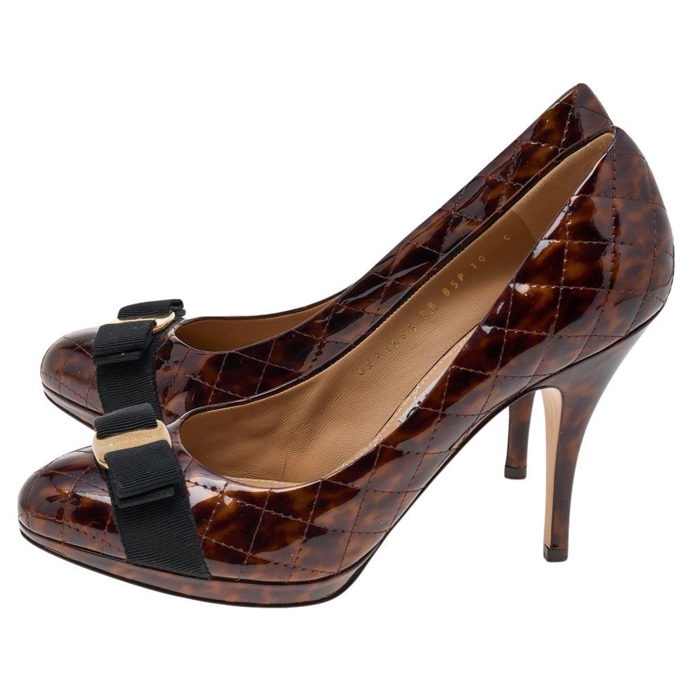 Salvatore Ferragamo Brown Animal Print Quilted Leather Vara Bow Pumps Size 40.5 2
