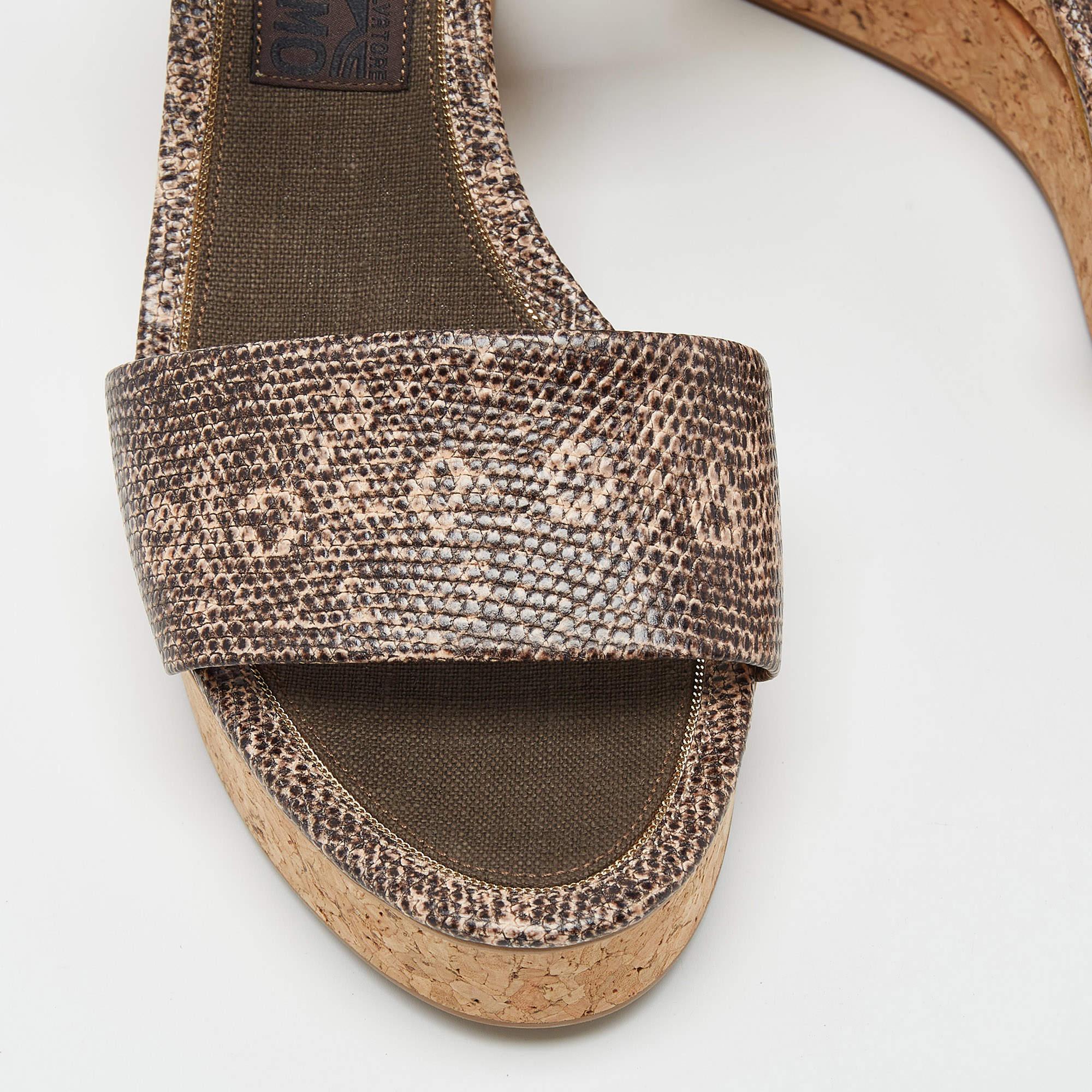 Women's Salvatore Ferragamo Brown/Beige Lizard Embossed Leather Madea Cork Wedge Platfor