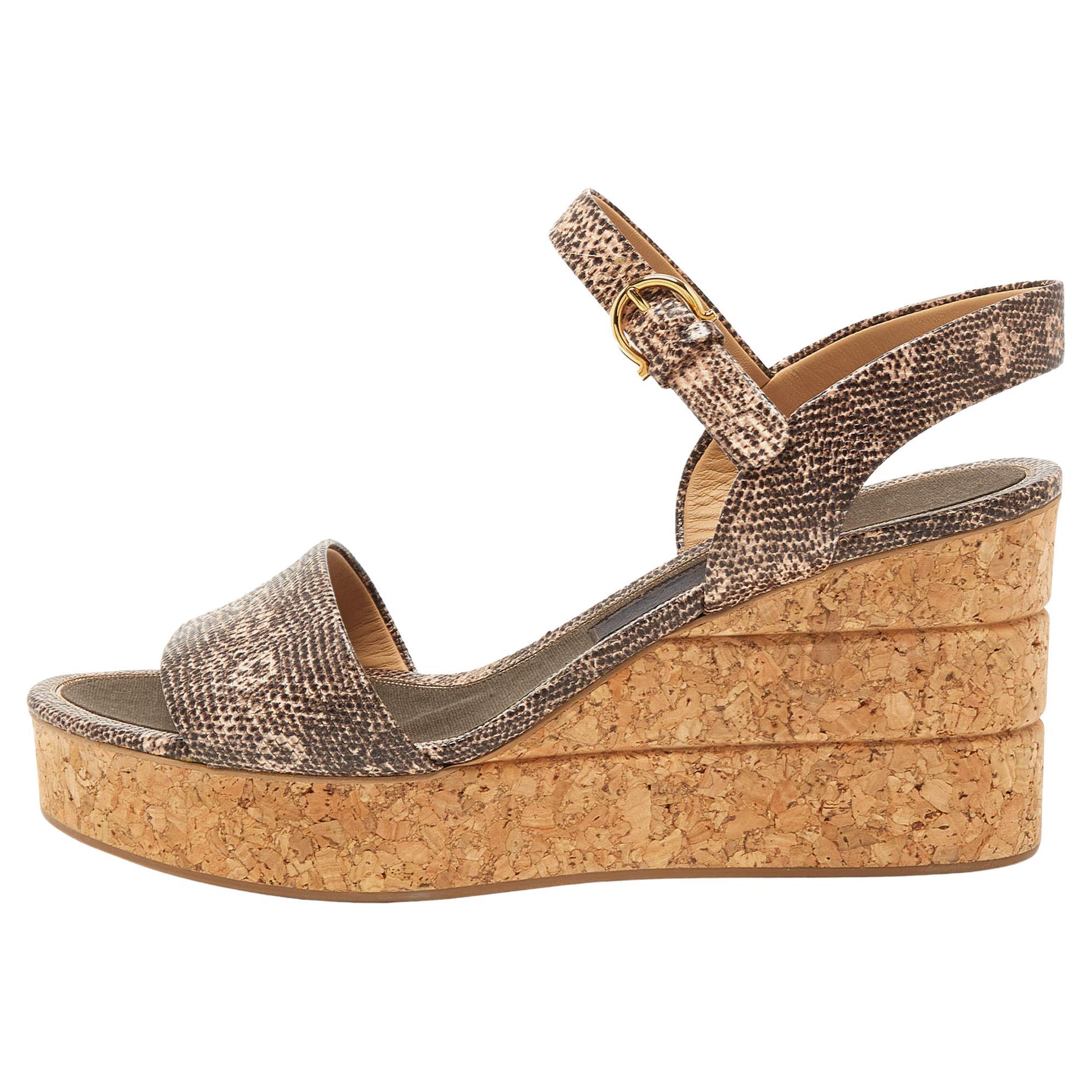 Salvatore Ferragamo Brown/Beige Lizard Embossed Leather Madea Cork Wedge Platfor