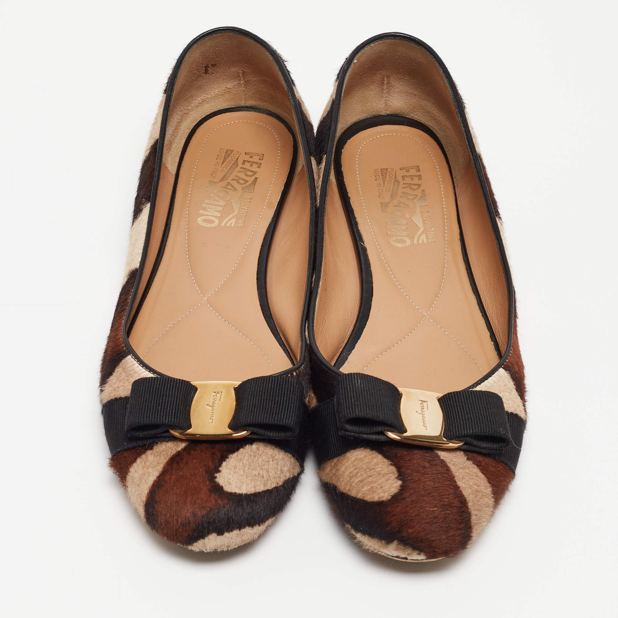 Black Salvatore Ferragamo Brown/Beige Printed Calf Hair Varina Ballet Flats Size 40
