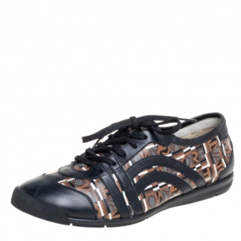Salvatore Ferragamo Brown/Black Canvas And Leather Low Top Sneakers Size 43.5 For Sale 2