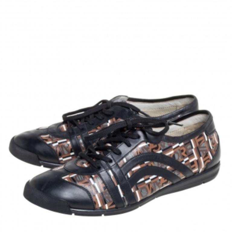 Salvatore Ferragamo Brown/Black Canvas And Leather Low Top Sneakers Size 43.5 For Sale 3