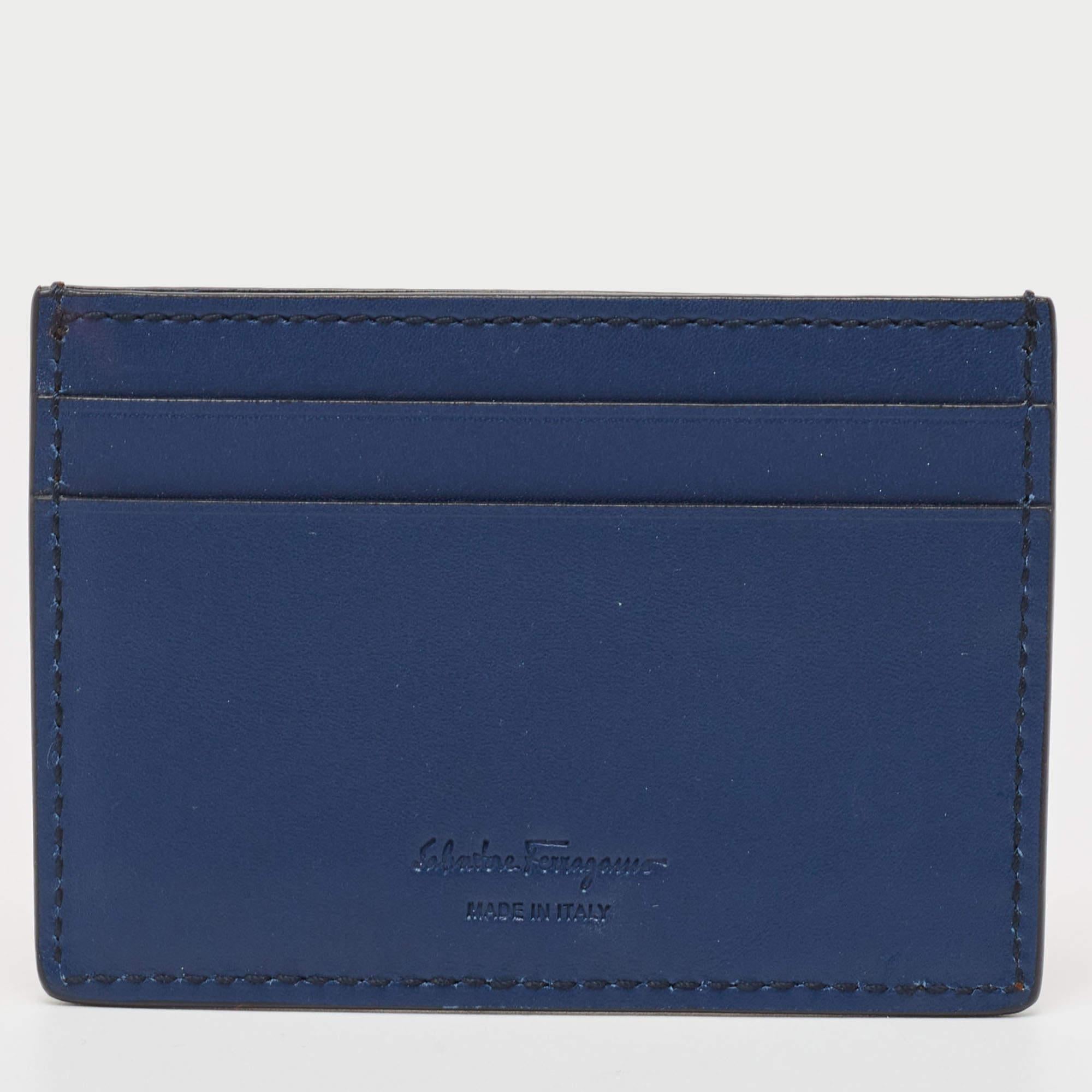 Salvatore Ferragamo Brown/Blue Leather Gancini Card Holder For Sale 1
