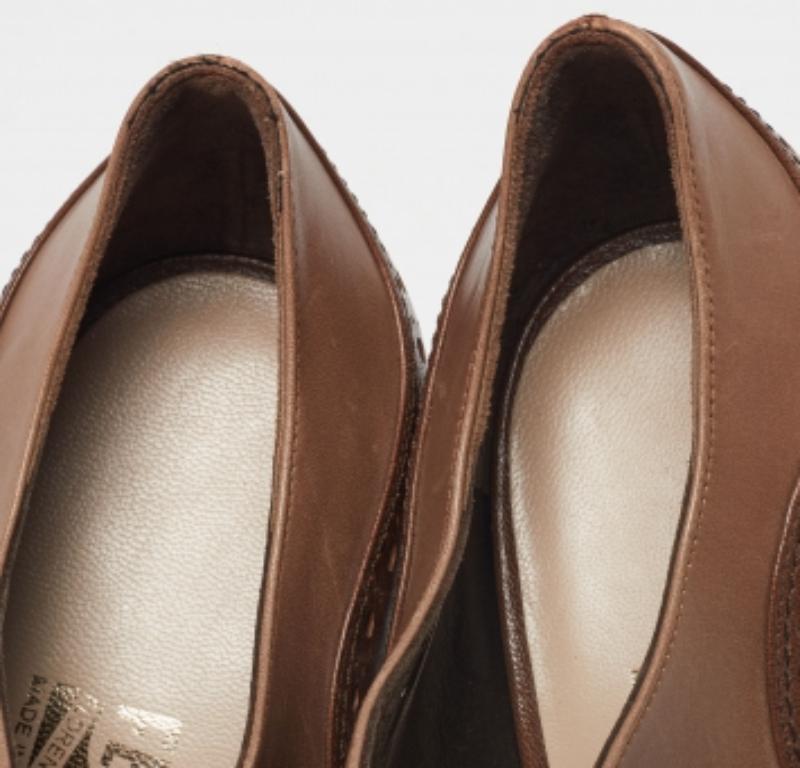 Salvatore Ferragamo Brown Brogue Leather Cut Out Lace Pumps Size 37.5 3