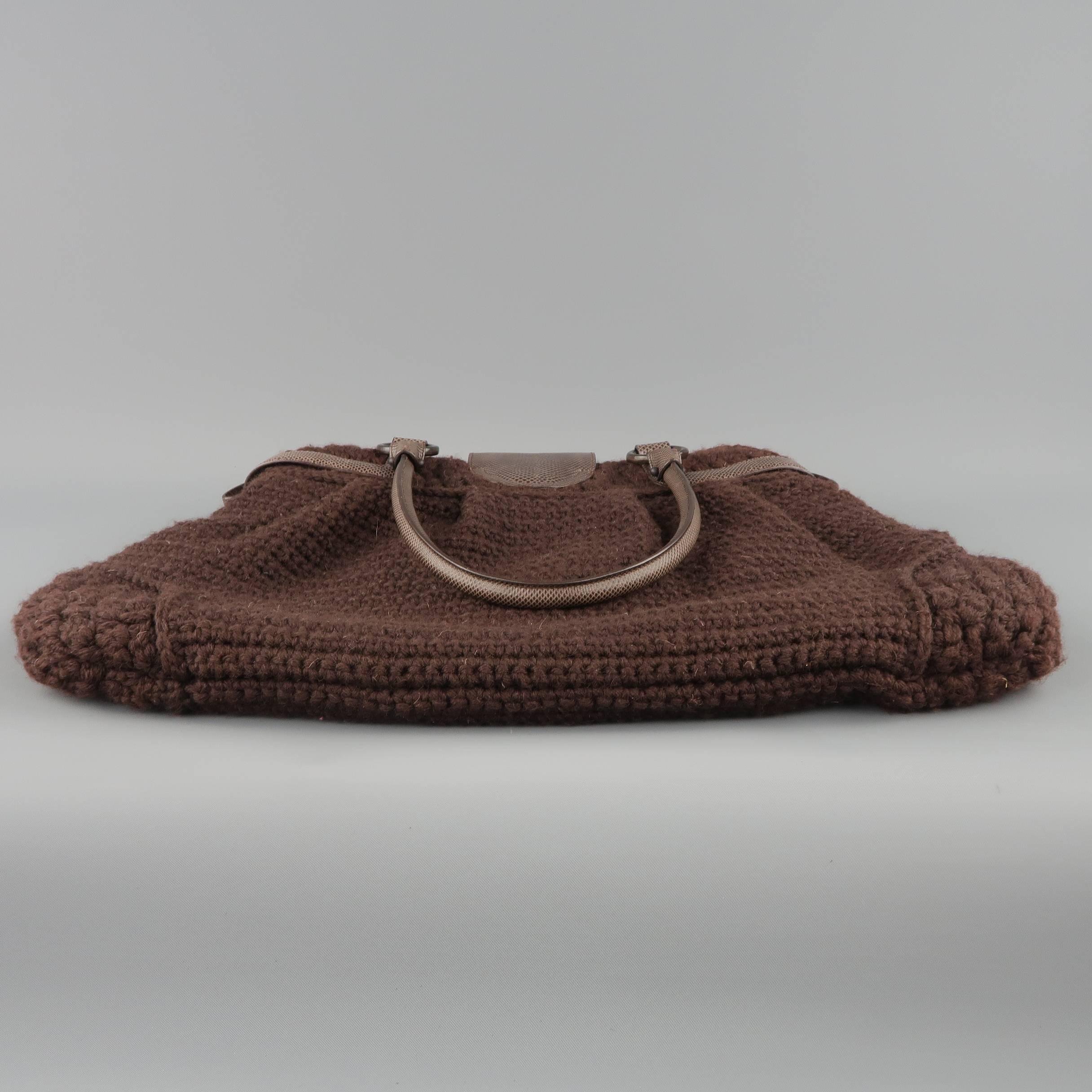 SALVATORE FERRAGAMO Brown Chrochet Knit Leather Top Handles Handbag 2