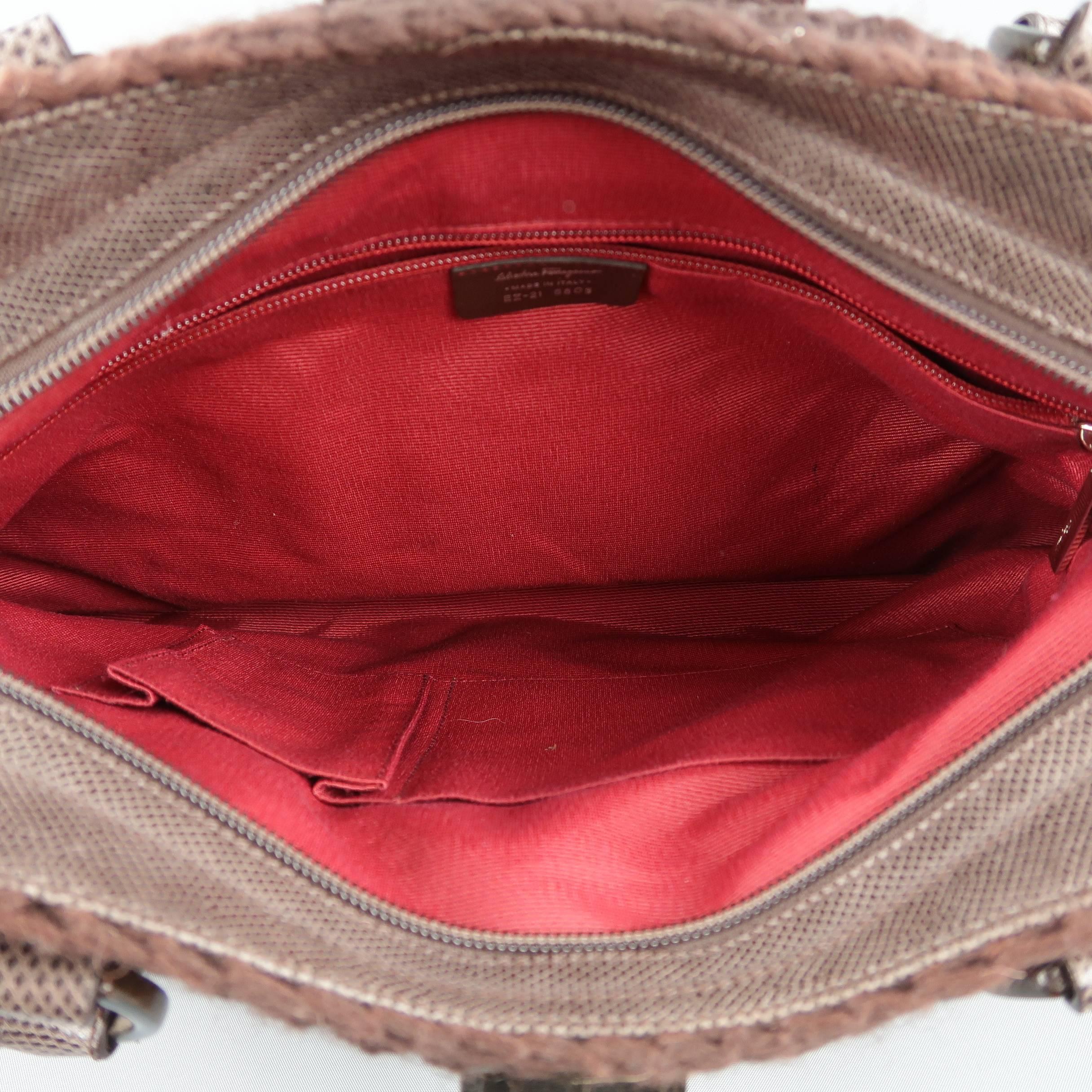 SALVATORE FERRAGAMO Brown Chrochet Knit Leather Top Handles Handbag 4