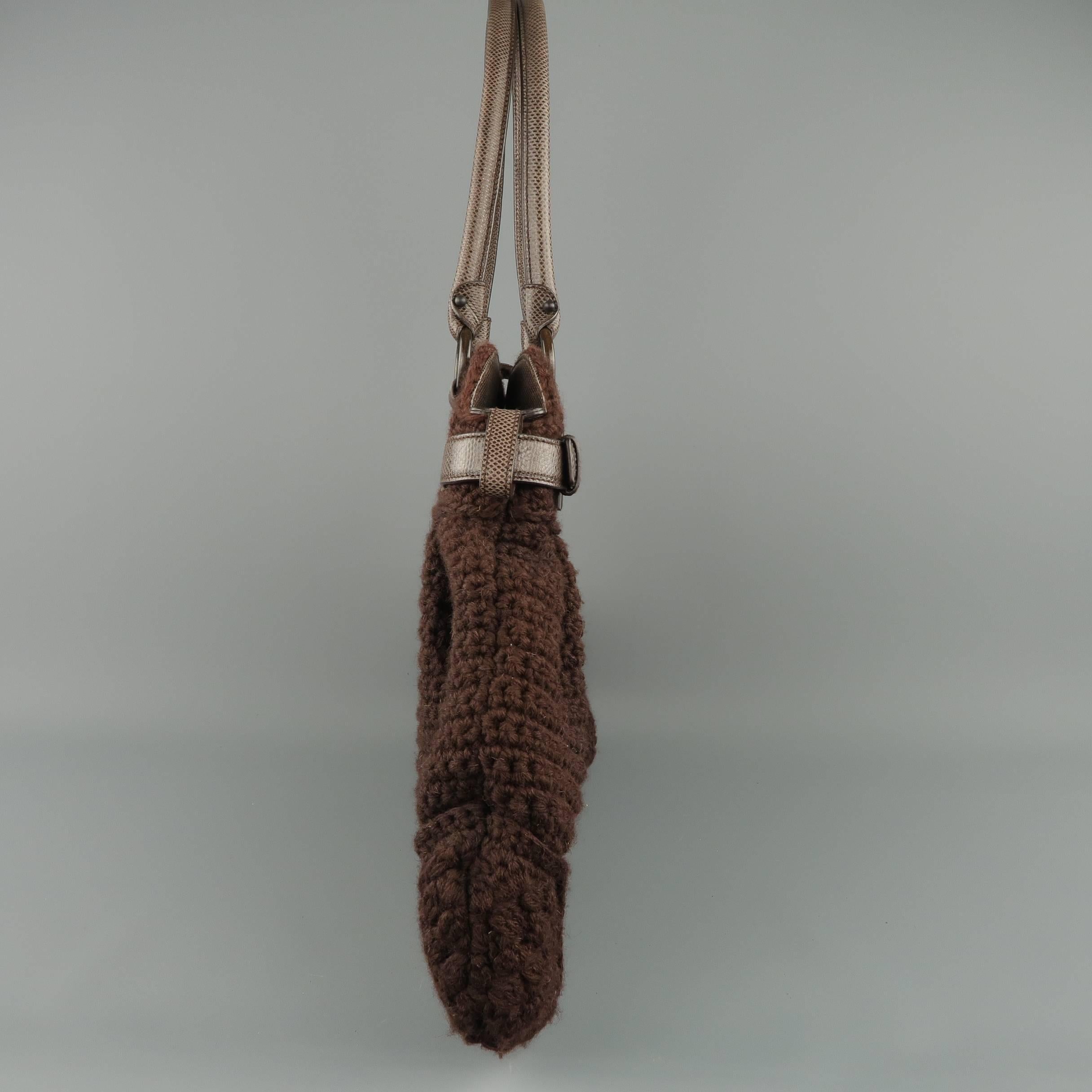 Black SALVATORE FERRAGAMO Brown Chrochet Knit Leather Top Handles Handbag