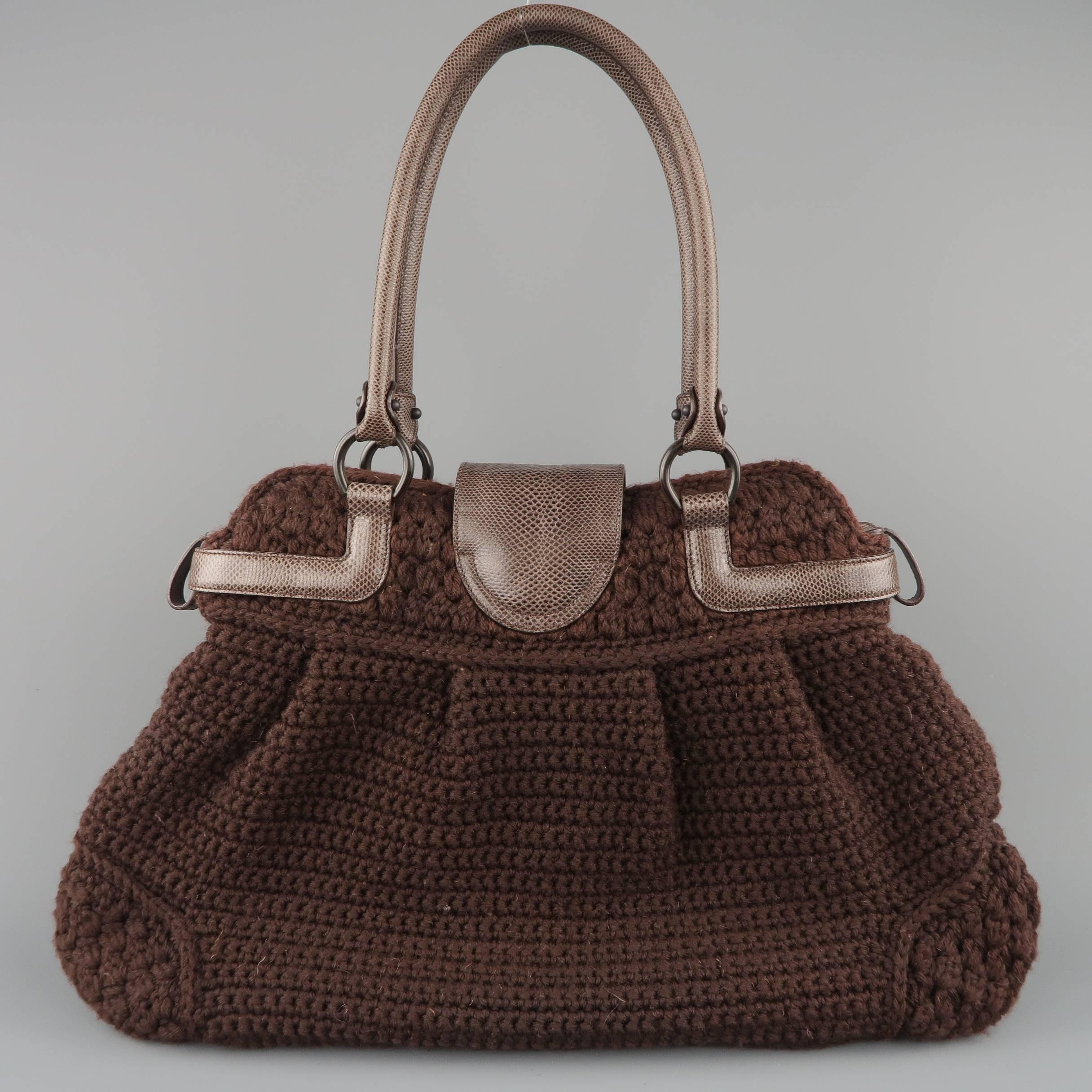 Women's SALVATORE FERRAGAMO Brown Chrochet Knit Leather Top Handles Handbag