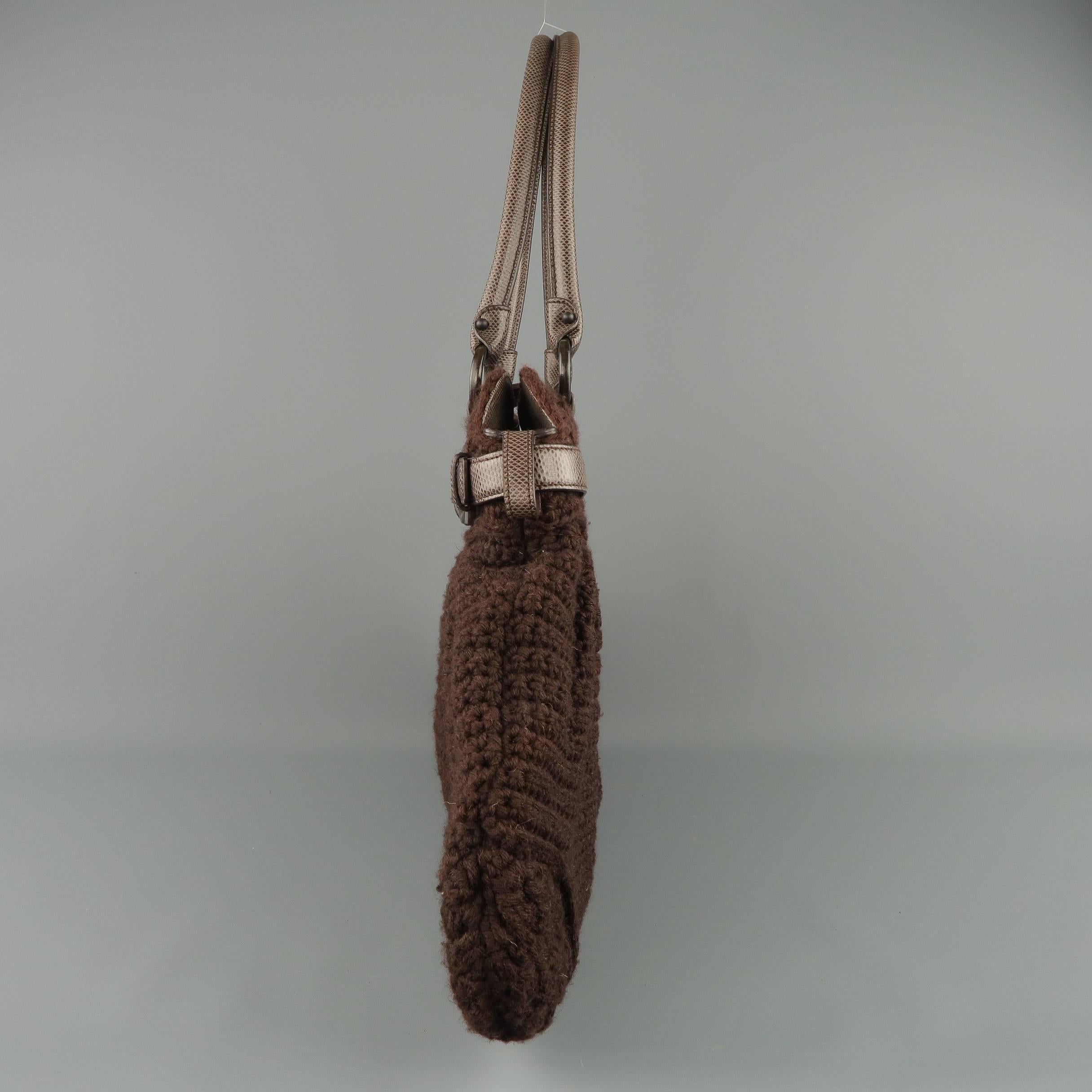 SALVATORE FERRAGAMO Brown Chrochet Knit Leather Top Handles Handbag 1