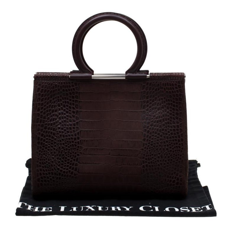 Salvatore Ferragamo Brown Croc Embossed Top Handle Bag For Sale at 1stDibs