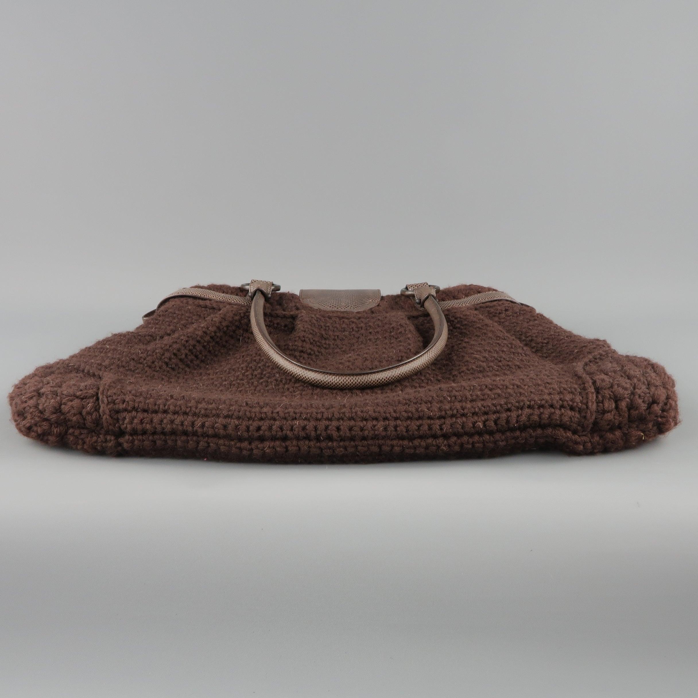 SALVATORE FERRAGAMO Brown Crochet Knit Leather Top Handles Handbag For Sale 6