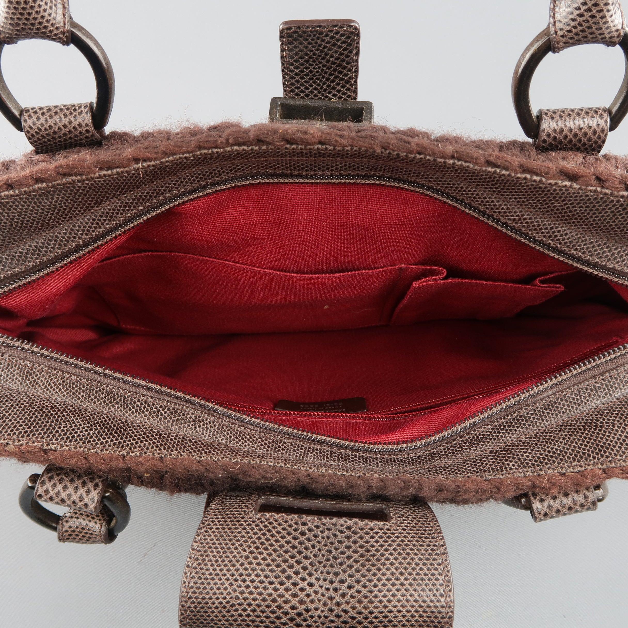SALVATORE FERRAGAMO Brown Crochet Knit Leather Top Handles Handbag For Sale 7