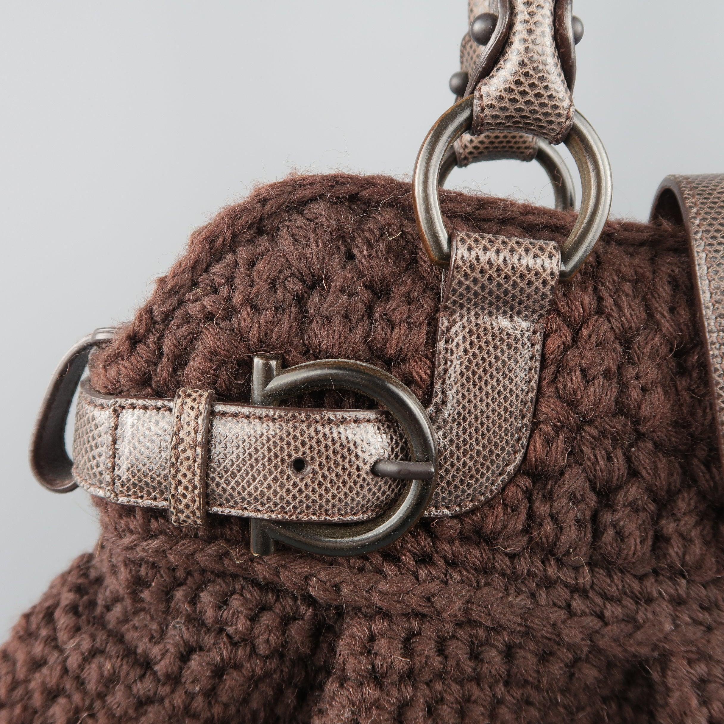 SALVATORE FERRAGAMO Brown Crochet Knit Leather Top Handles Handbag In Good Condition For Sale In San Francisco, CA