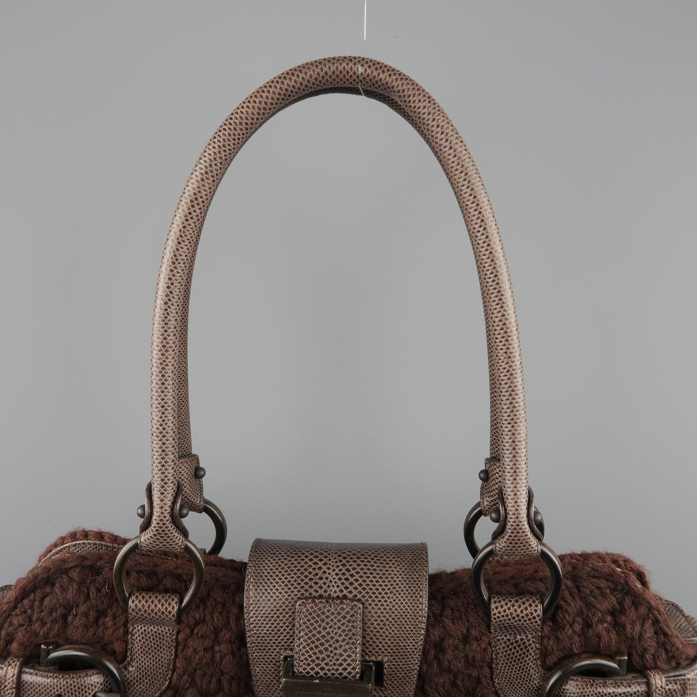 SALVATORE FERRAGAMO Brown Crochet Knit Leather Top Handles Handbag For Sale 1