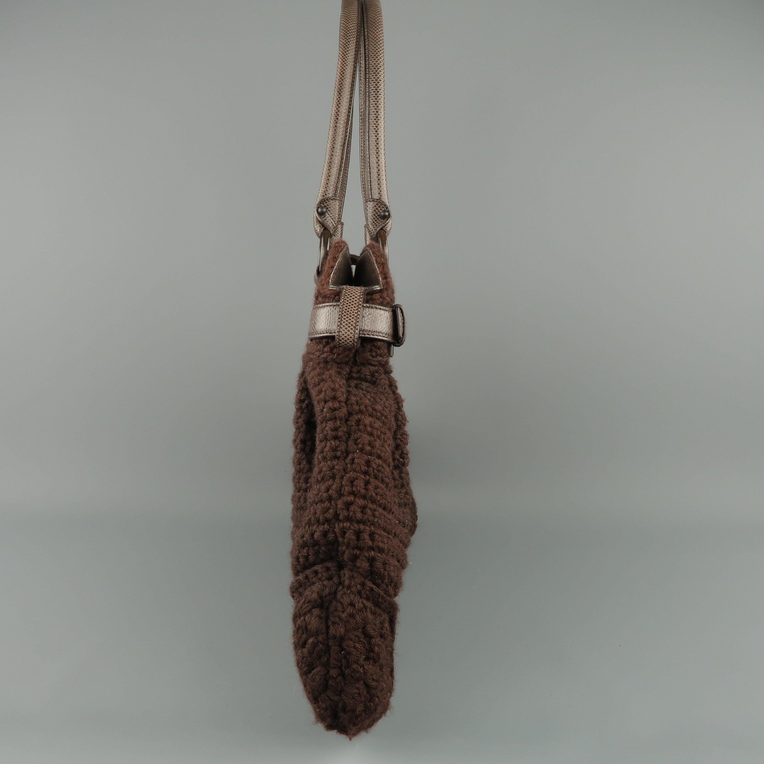 SALVATORE FERRAGAMO Brown Crochet Knit Leather Top Handles Handbag For Sale 2