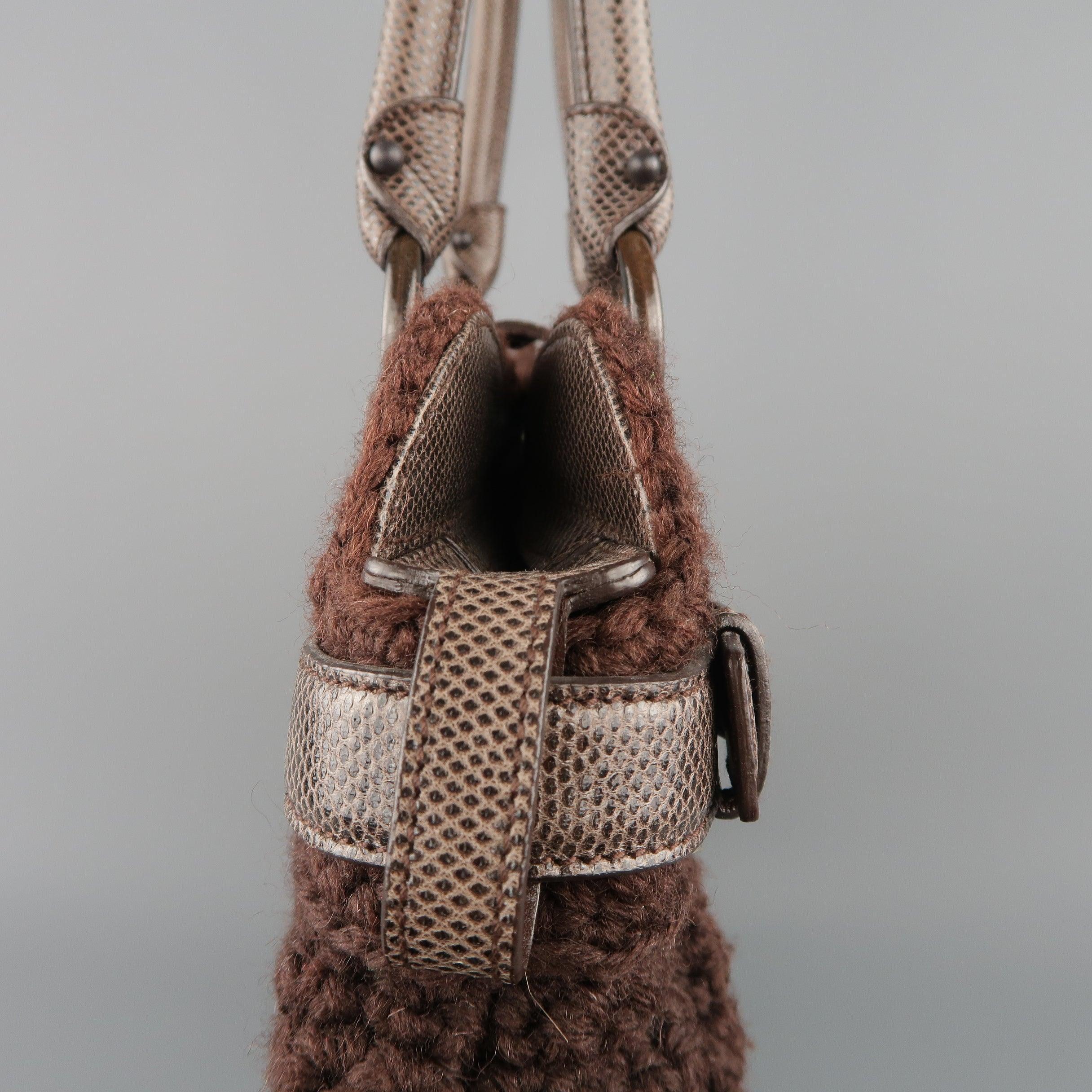 SALVATORE FERRAGAMO Brown Crochet Knit Leather Top Handles Handbag For Sale 3