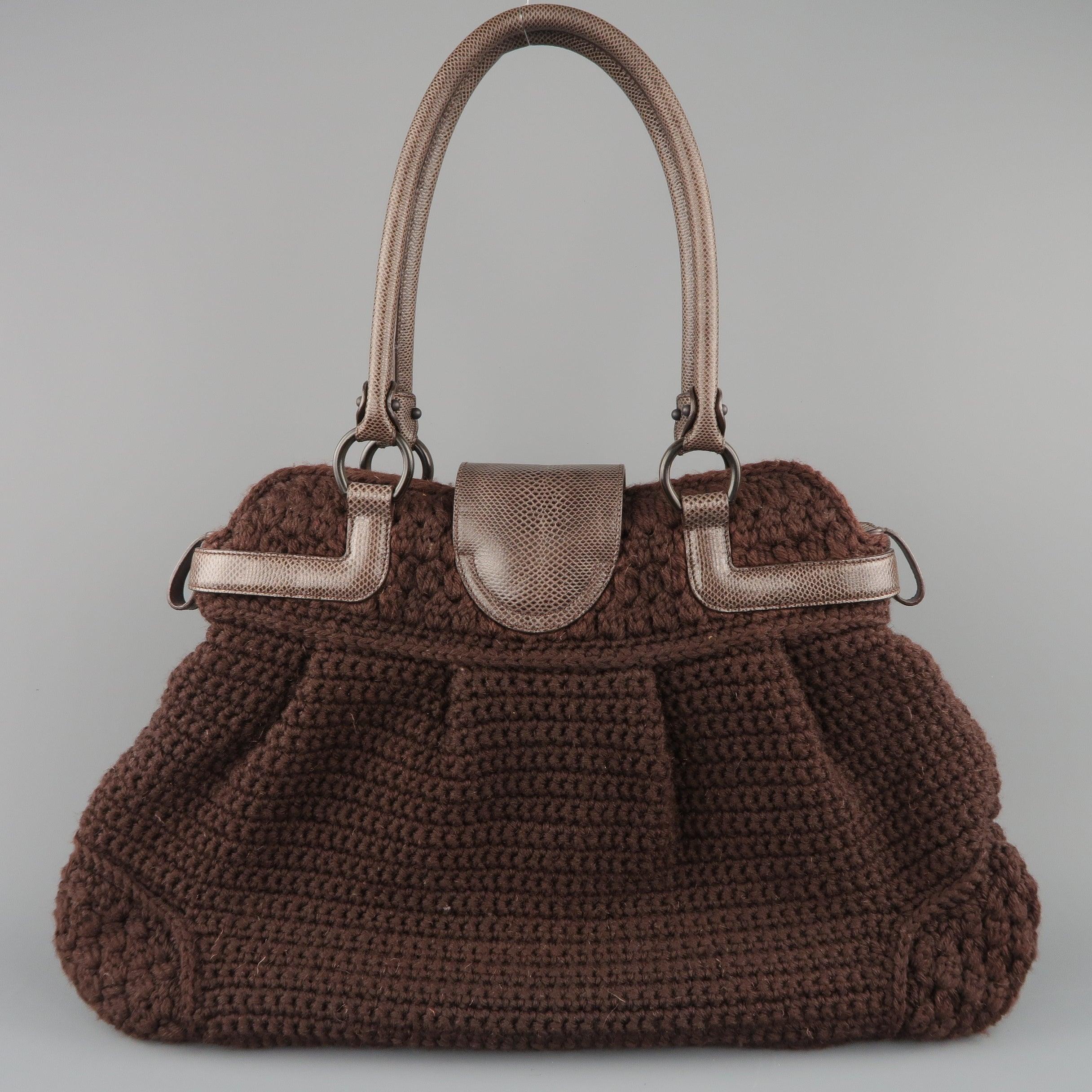 SALVATORE FERRAGAMO Brown Crochet Knit Leather Top Handles Handbag For Sale 4