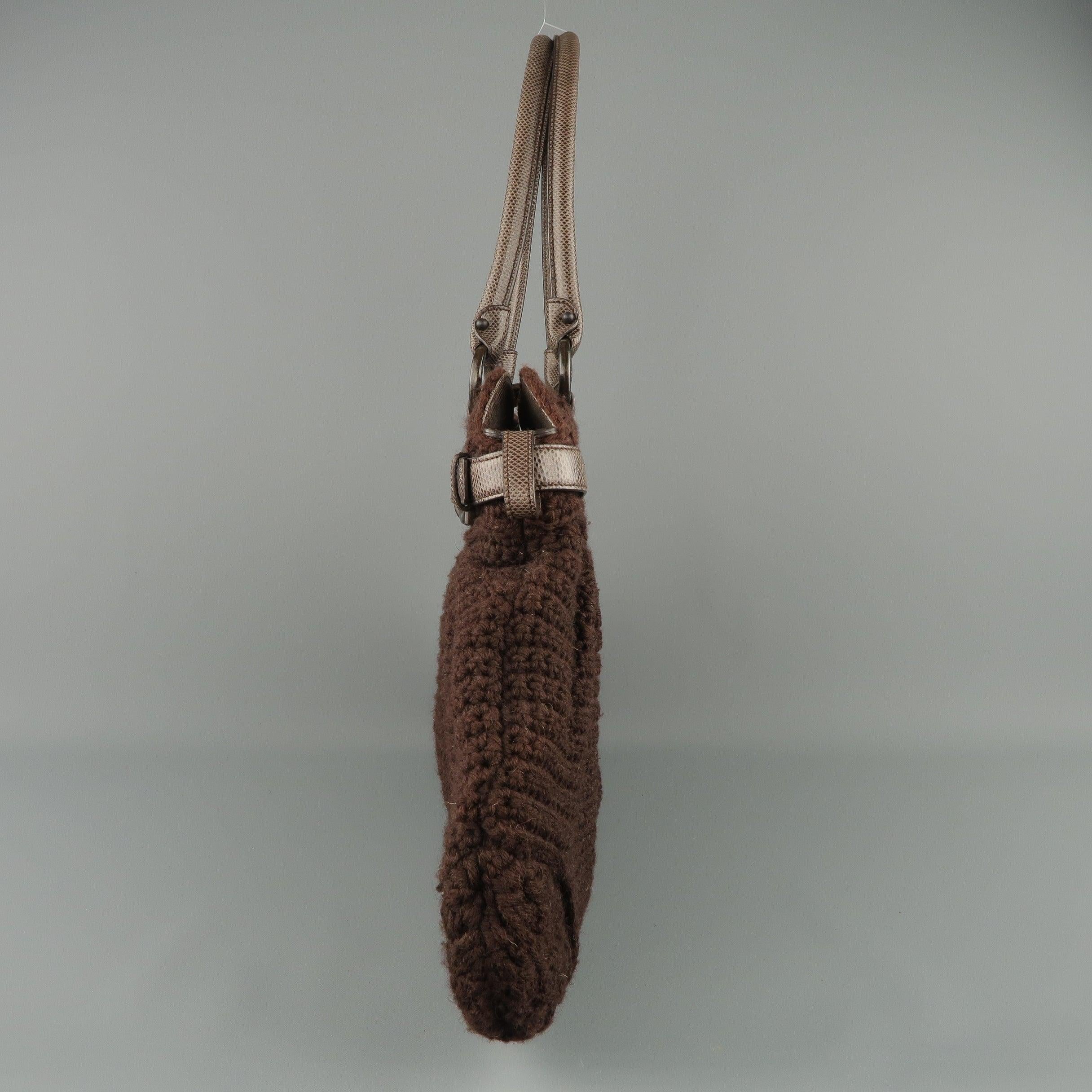 SALVATORE FERRAGAMO Brown Crochet Knit Leather Top Handles Handbag For Sale 5