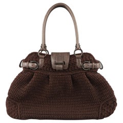 SALVATORE FERRAGAMO Brown Crochet Knit Leather Top Handles Handbag