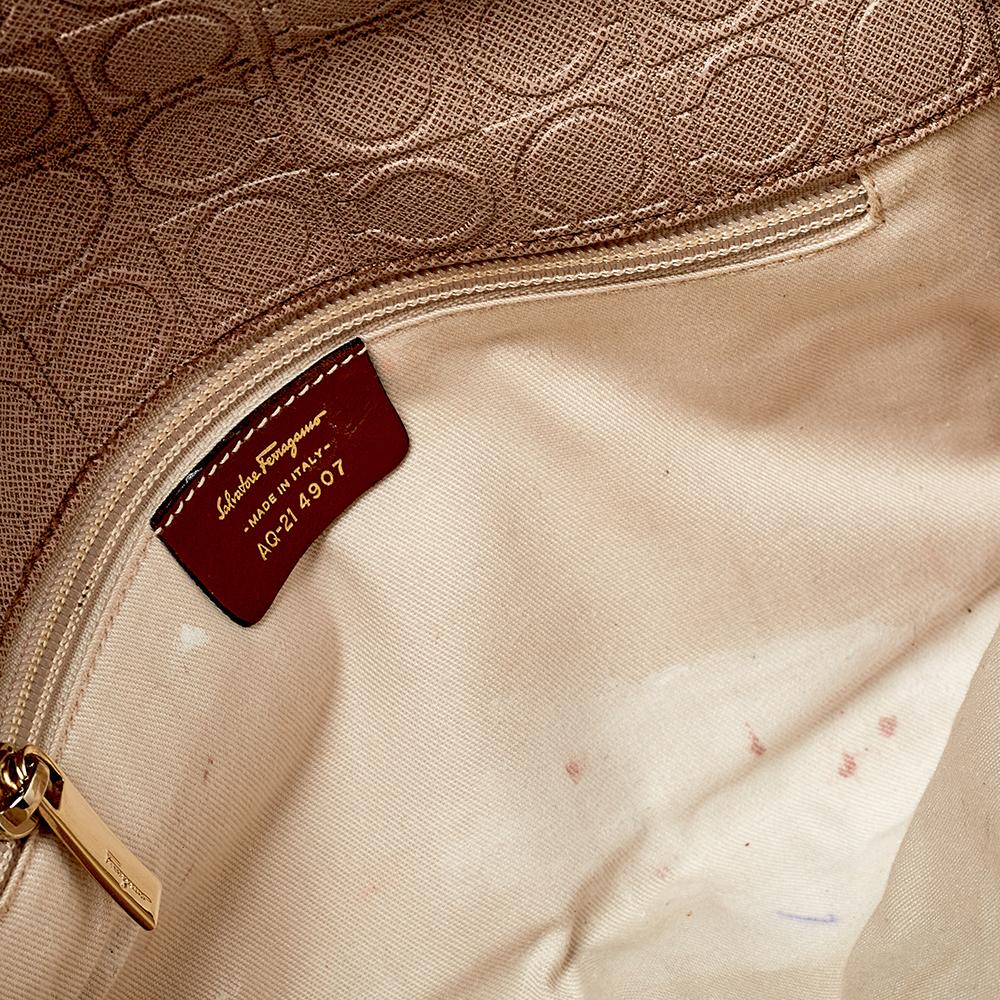 Women's Salvatore Ferragamo Brown Embossed Leather Gancio Flap Baguette Shoulder Bag