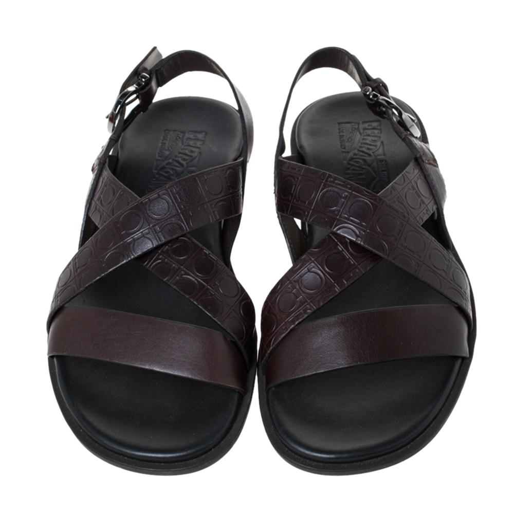 Black Salvatore Ferragamo Brown Gancini Embossed Leather Cross Strap Sandals Size 40