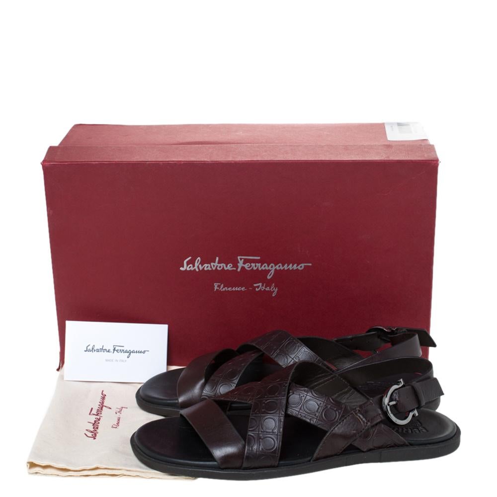 Salvatore Ferragamo Brown Gancini Embossed Leather Cross Strap Sandals Size 40 1