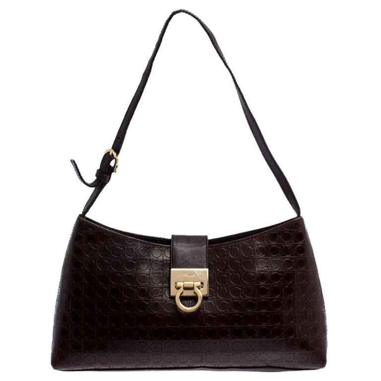 Salvatore Ferragamo Pebbled Leather Gancini Flap Bag Black