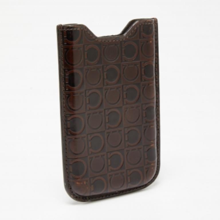 Salvatore Ferragamo Brown Gancio Embossed Glossy Leather Phone Cover For Sale 1