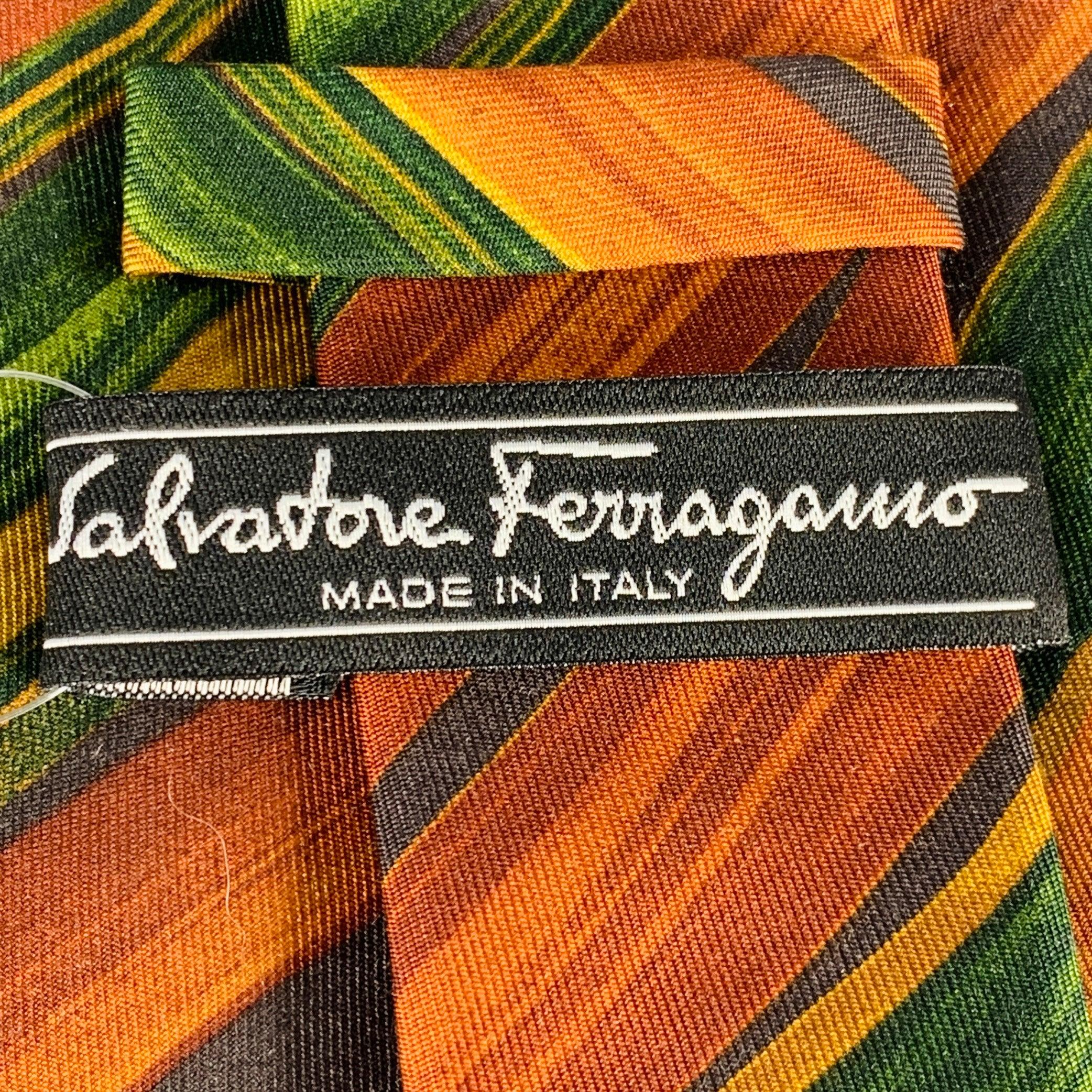 SALVATORE FERRAGAMO Brown Green Diagonal Stripe Silk Tie In Excellent Condition In San Francisco, CA