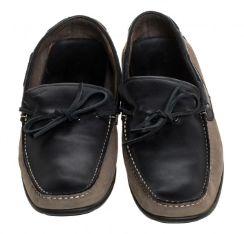 Men's Salvatore Ferragamo Brown/Grey Nubuck Leather Bow Slip On Loafers Size 46 For Sale