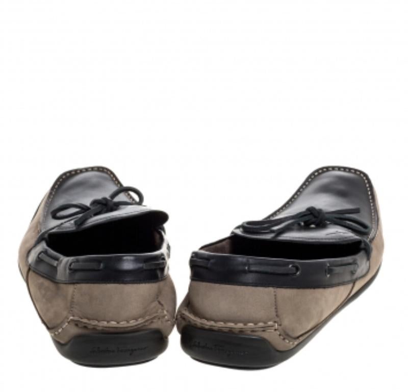 Salvatore Ferragamo Brown/Grey Nubuck Leather Bow Slip On Loafers Size 46 For Sale 1
