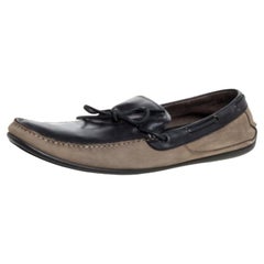 Used Salvatore Ferragamo Brown/Grey Nubuck Leather Bow Slip On Loafers Size 46