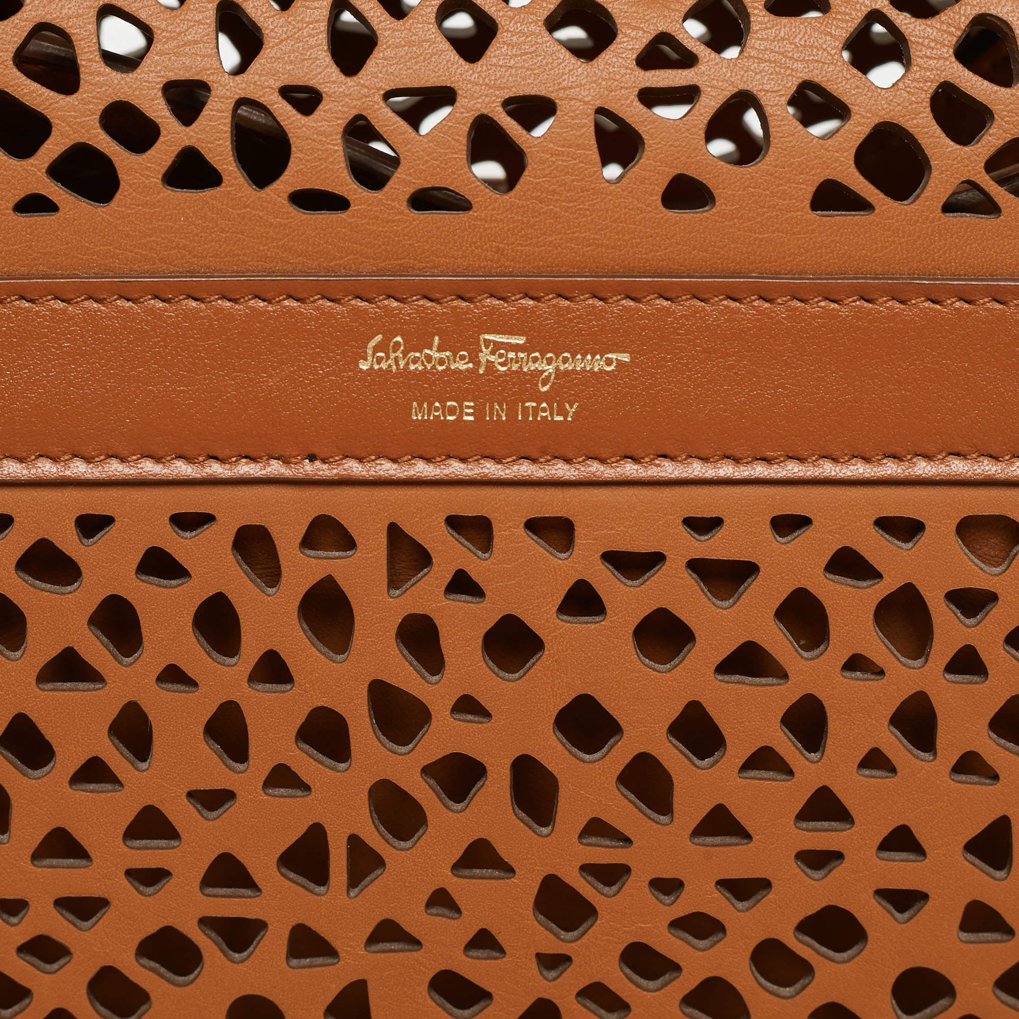 Salvatore Ferragamo Brown Laser Cut Leather Sofia Top Handle Bag 9