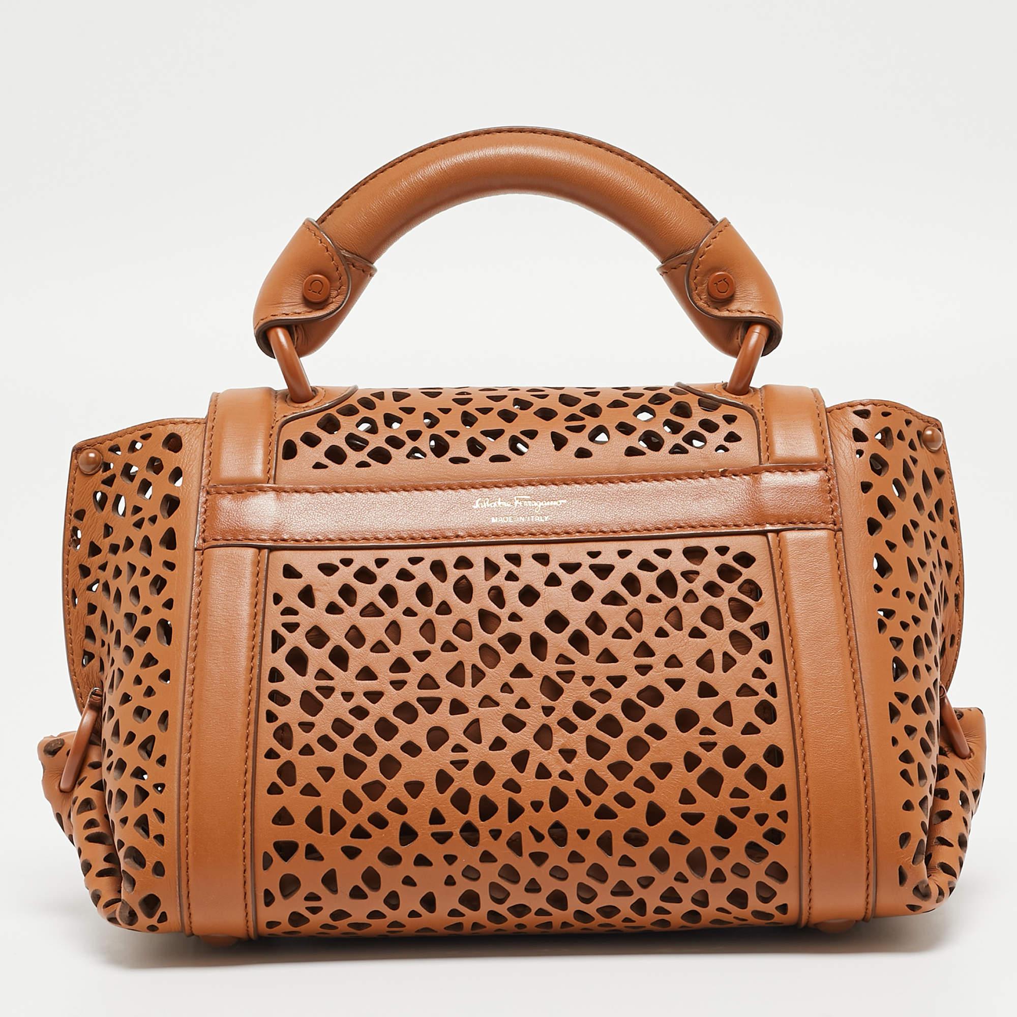Salvatore Ferragamo Brown Laser Cut Leather Sofia Top Handle Bag 3
