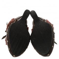 Salvatore Ferragamo Brown Leather And Faux Fur Studded Clog Mules Size 38.5