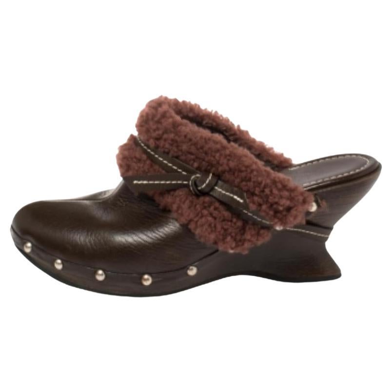 Salvatore Ferragamo Brown Leather And Faux Fur Studded Clog Mules Size 38.5 For Sale