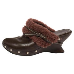 Salvatore Ferragamo Brown Leather And Faux Fur Studded Clog Mules Size 38.5