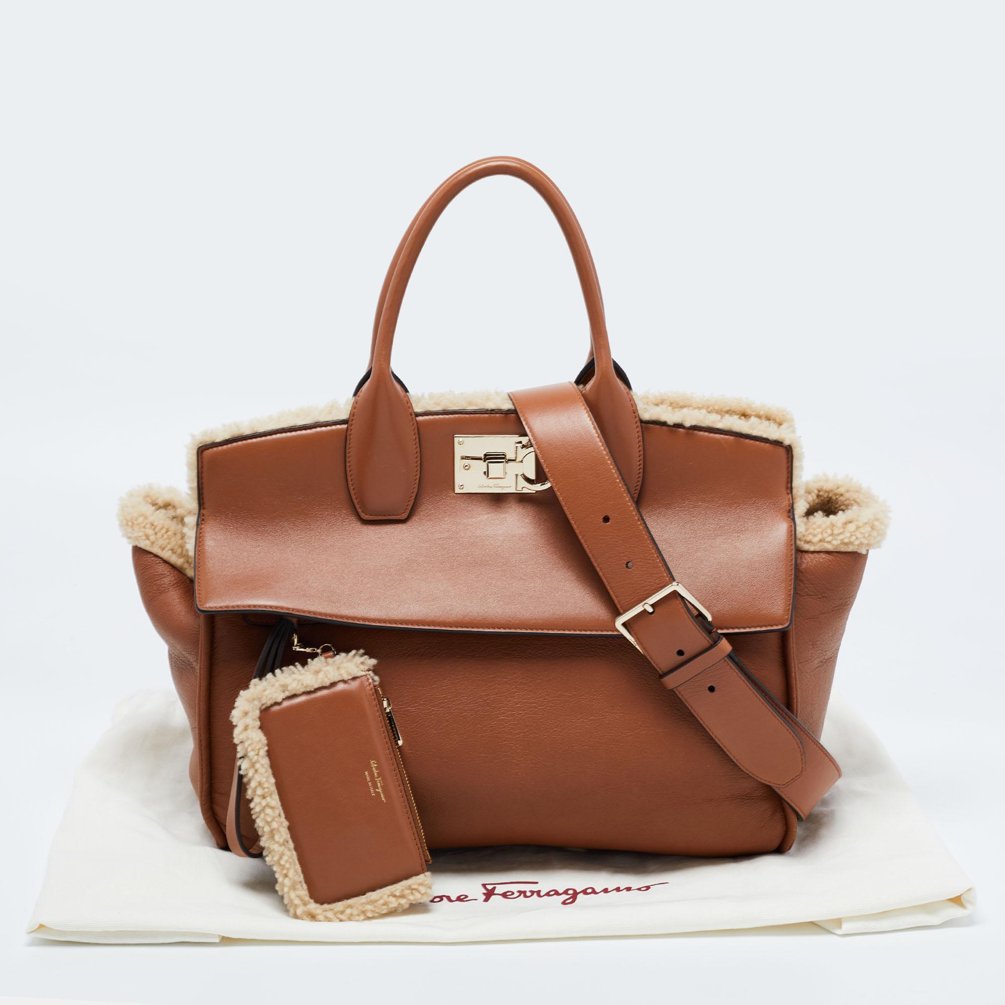 Salvatore Ferragamo Brown Leather and Shearling The Studio Top Handle Bag 9