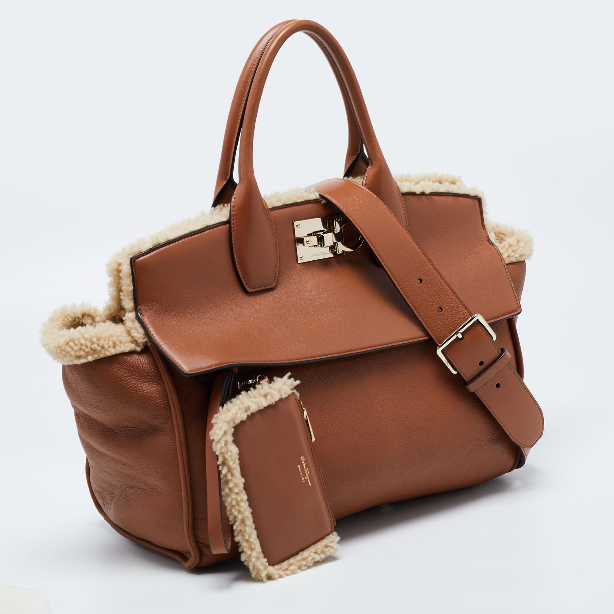 Salvatore Ferragamo Brown Leather and Shearling The Studio Top Handle Bag In Excellent Condition In Dubai, Al Qouz 2