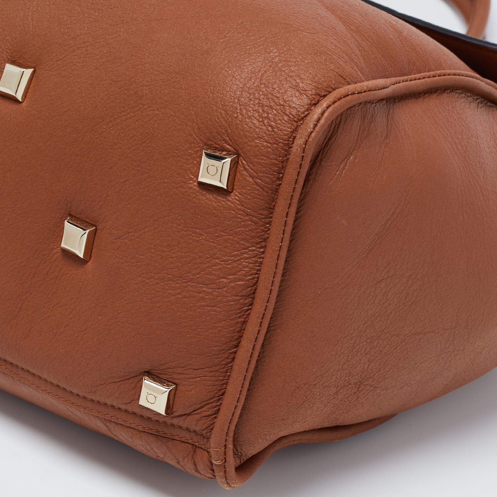 Women's Salvatore Ferragamo Brown Leather and Shearling The Studio Top Handle Bag