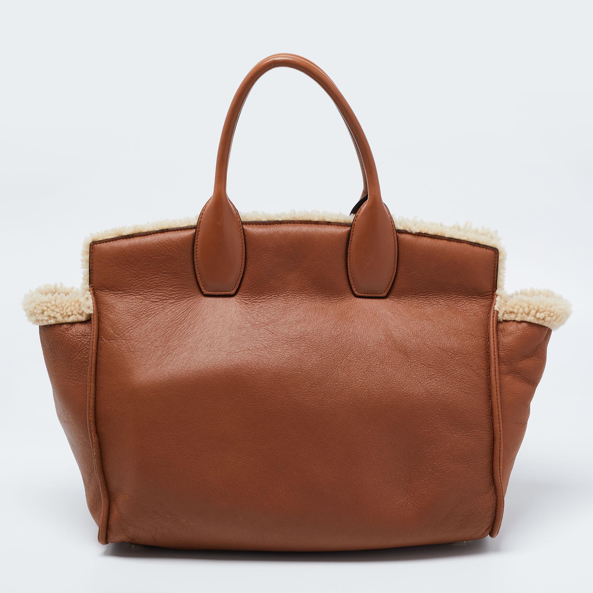 Salvatore Ferragamo Brown Leather and Shearling The Studio Top Handle Bag 3