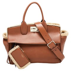 Salvatore Ferragamo Brown Leather and Shearling The Studio Top Handle Bag