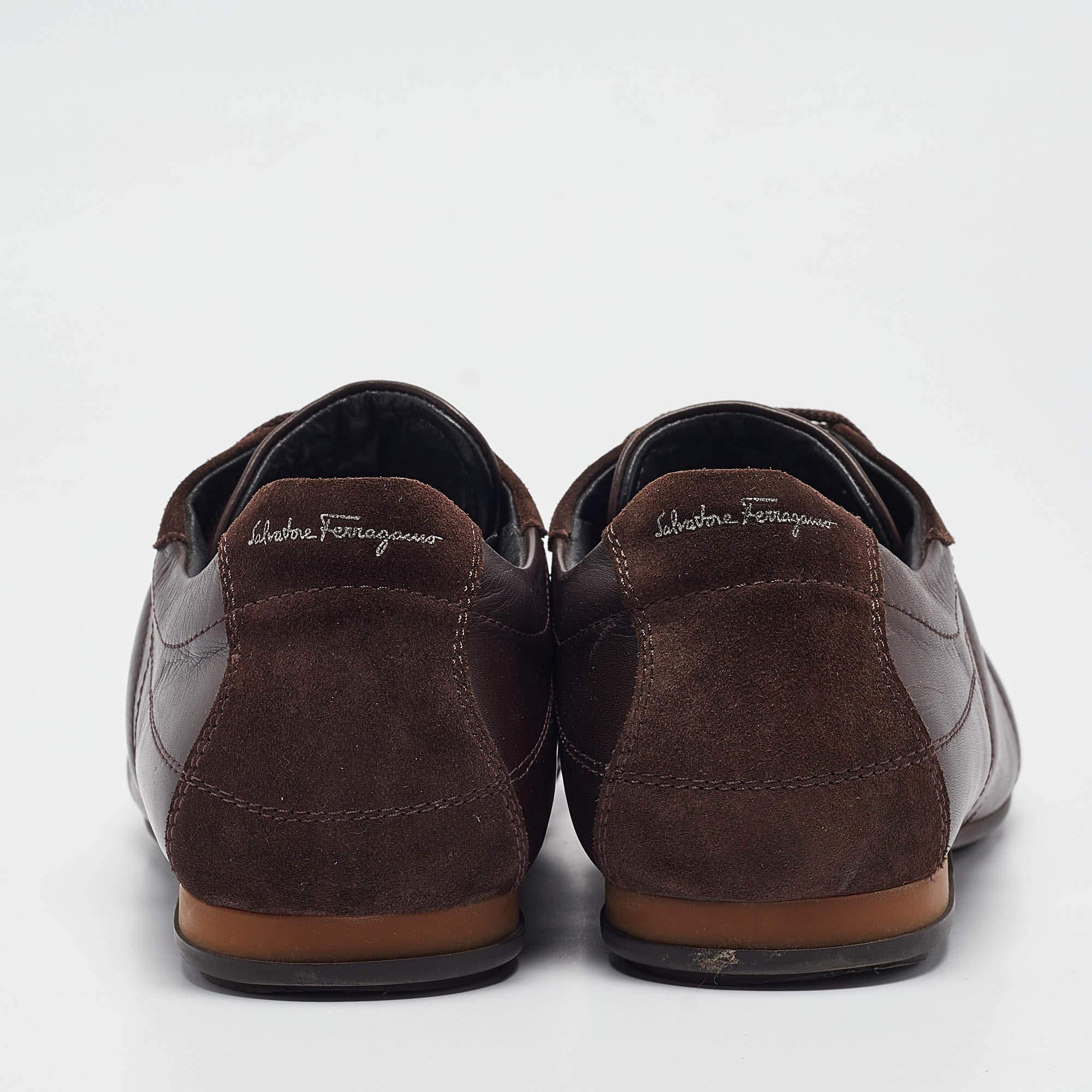 Men's Salvatore Ferragamo Brown Leather and Suede Low Top Sneakers Size 43.5 For Sale