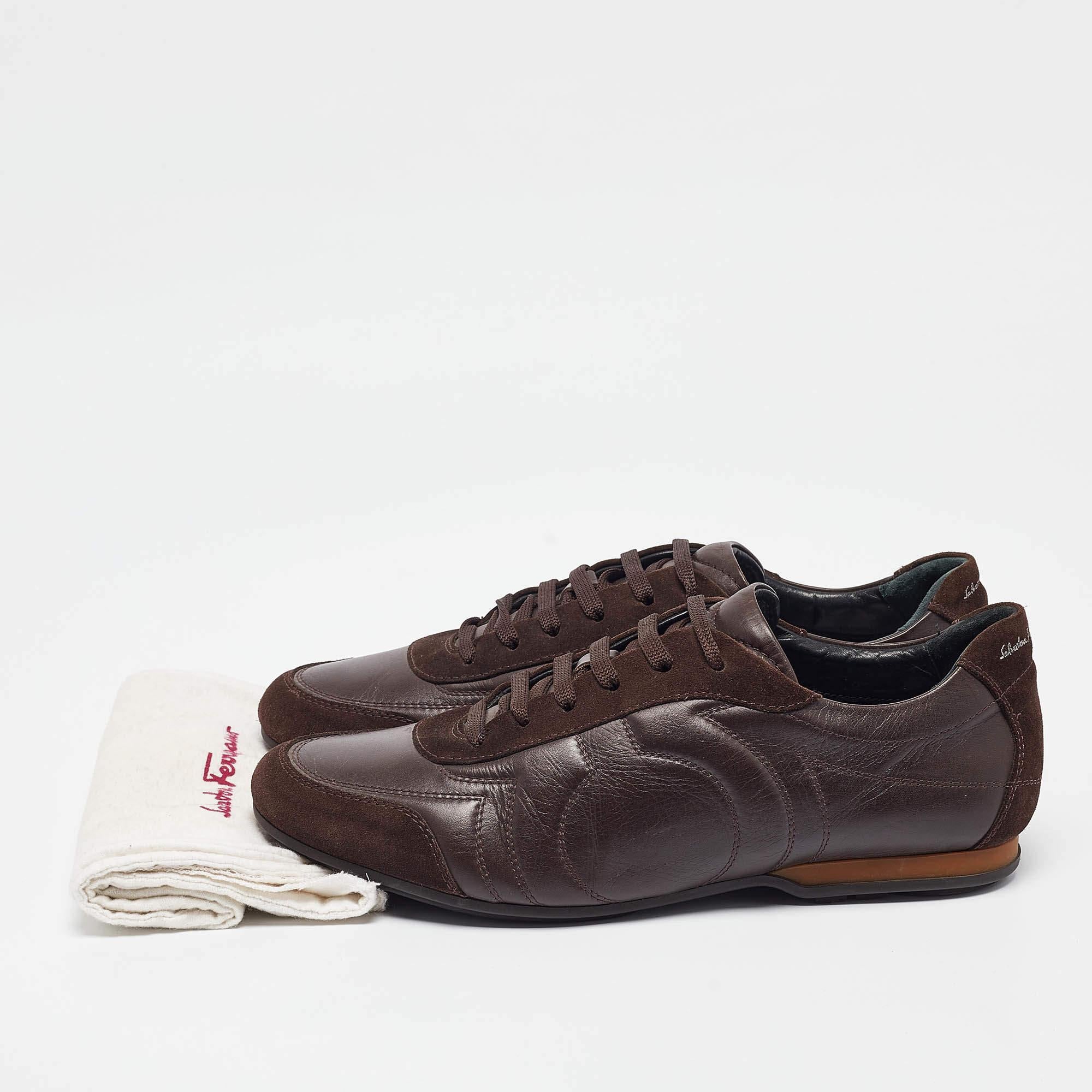 Salvatore Ferragamo Brown Leather and Suede Low Top Sneakers Size 43.5 For Sale 4