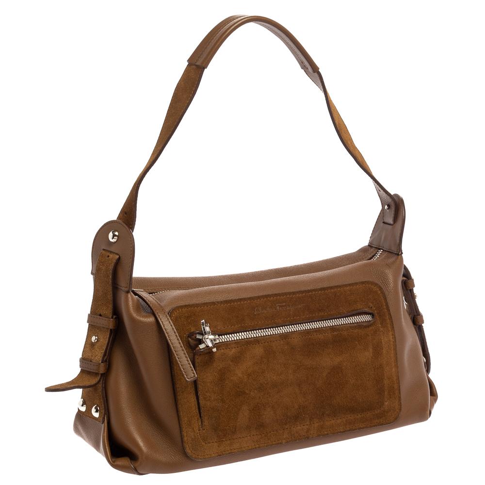 Salvatore Ferragamo Brown Leather and Suede Shoulder Bag In Good Condition In Dubai, Al Qouz 2