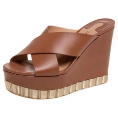 Salvatore Ferragamo Brown Leather Criss Cross Wedge Platform Sandals Size 36.5