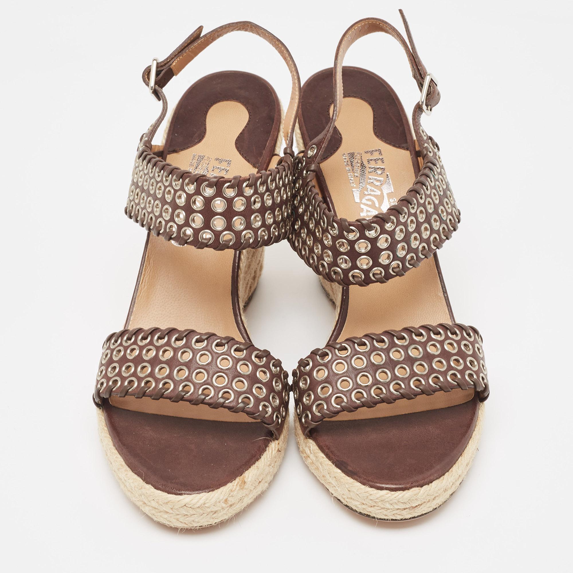 Beige Salvatore Ferragamo Brown Leather Eyelet Embellished Wedge Sandals Size 40.5 For Sale