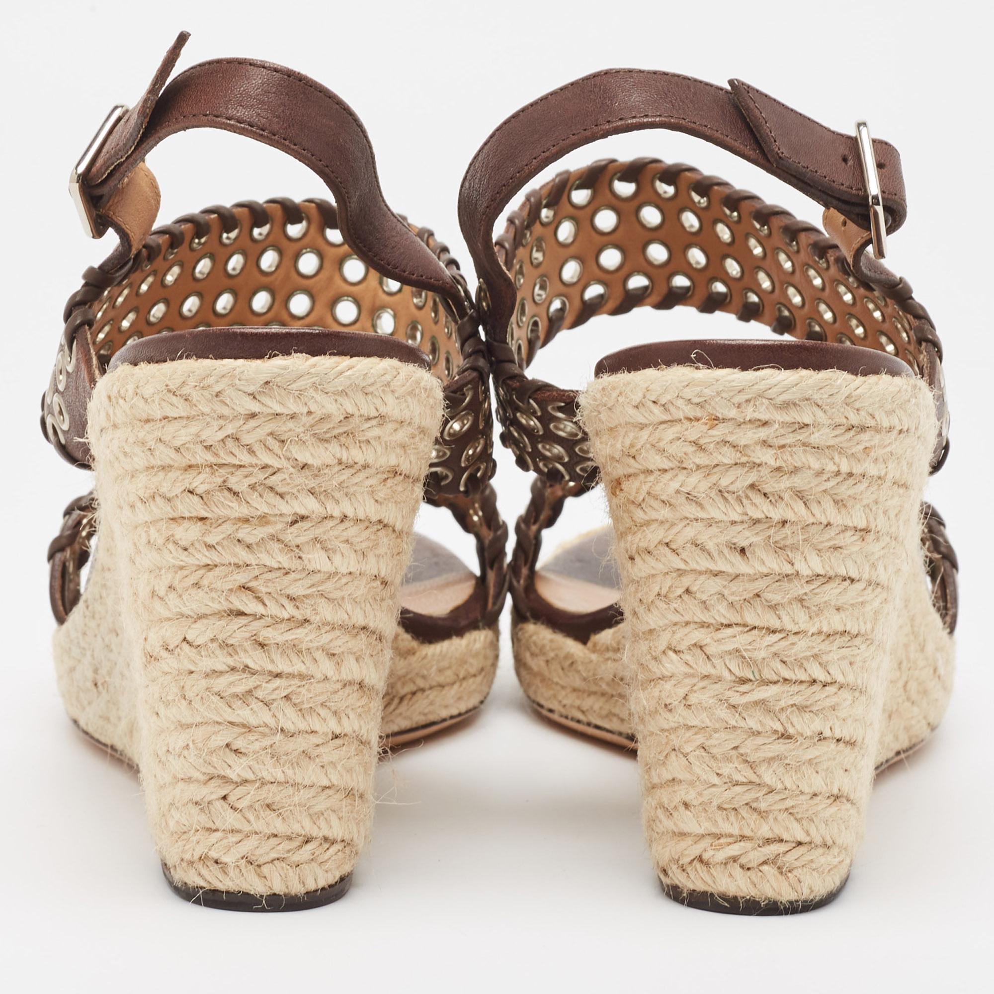 Women's Salvatore Ferragamo Brown Leather Eyelet Embellished Wedge Sandals Size 40.5 For Sale