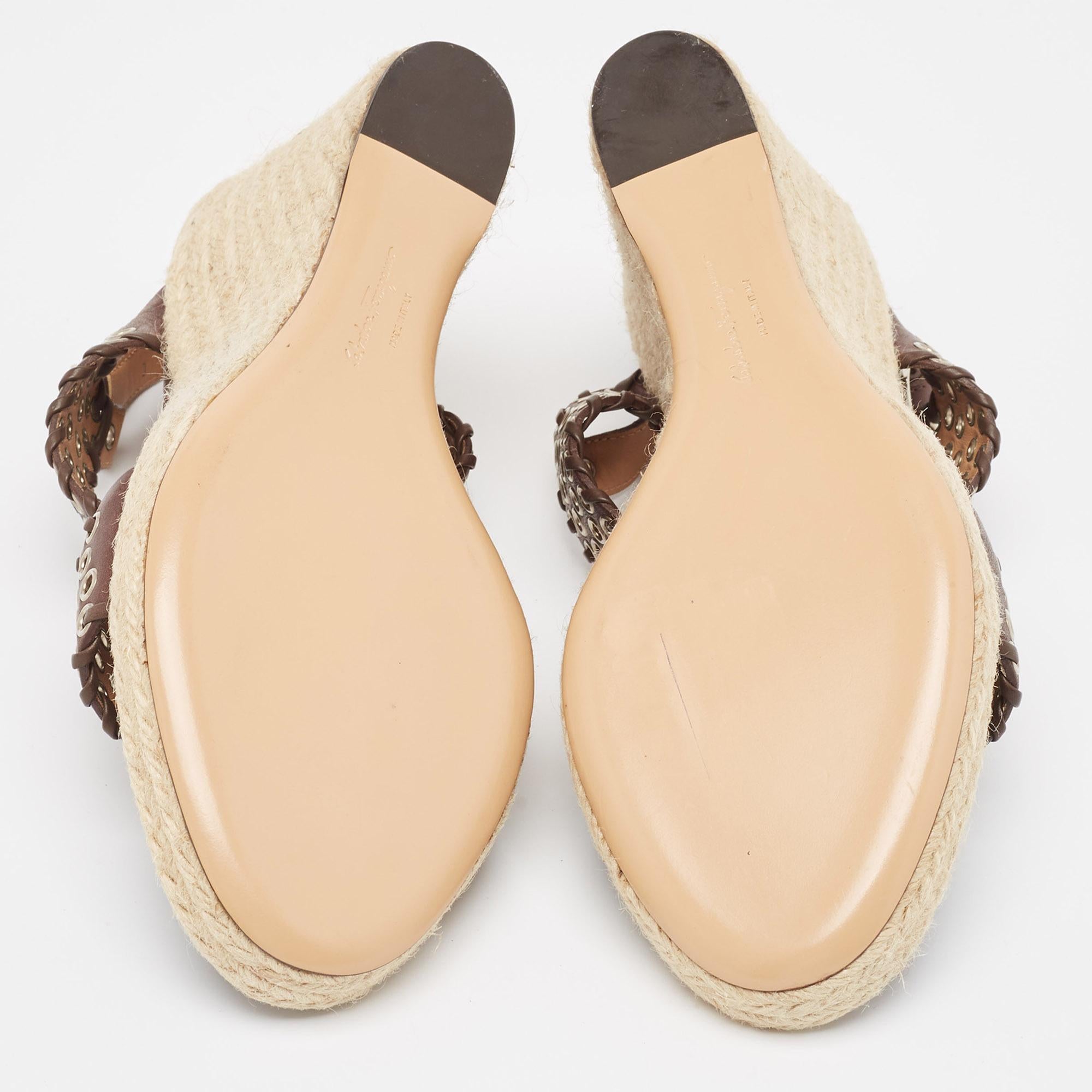 Salvatore Ferragamo Brown Leather Eyelet Embellished Wedge Sandals Size 40.5 For Sale 1