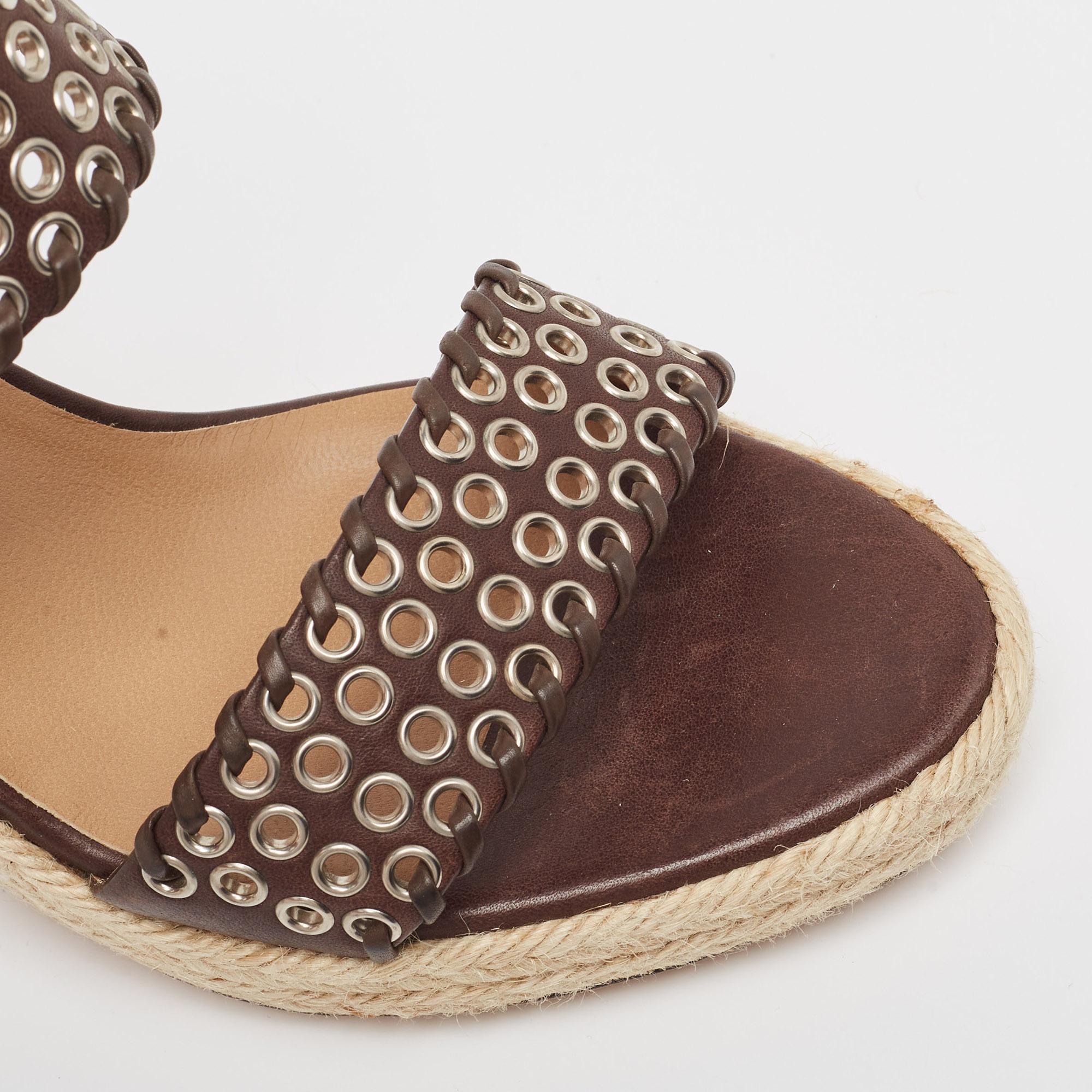 Salvatore Ferragamo Brown Leather Eyelet Embellished Wedge Sandals Size 40.5 For Sale 3